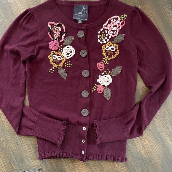Anthropologie Knitted Dove Embroidered Cardigan Burgundy  Sweater Size M - Picture 12 of 15